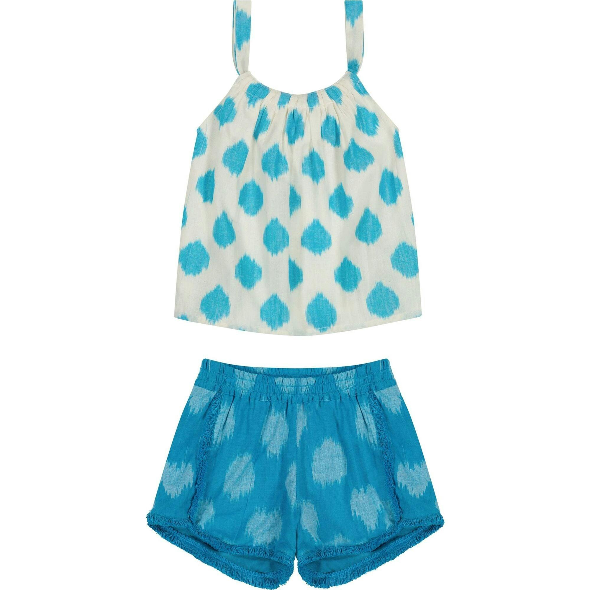 Colette Girl's Top and Short Set Aqua Cerulean Ikat, Blue
