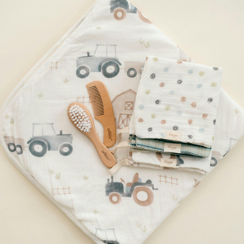 Charlie Farmhouse Tractor Hooded Baby Bath Towel & Washcloth Set