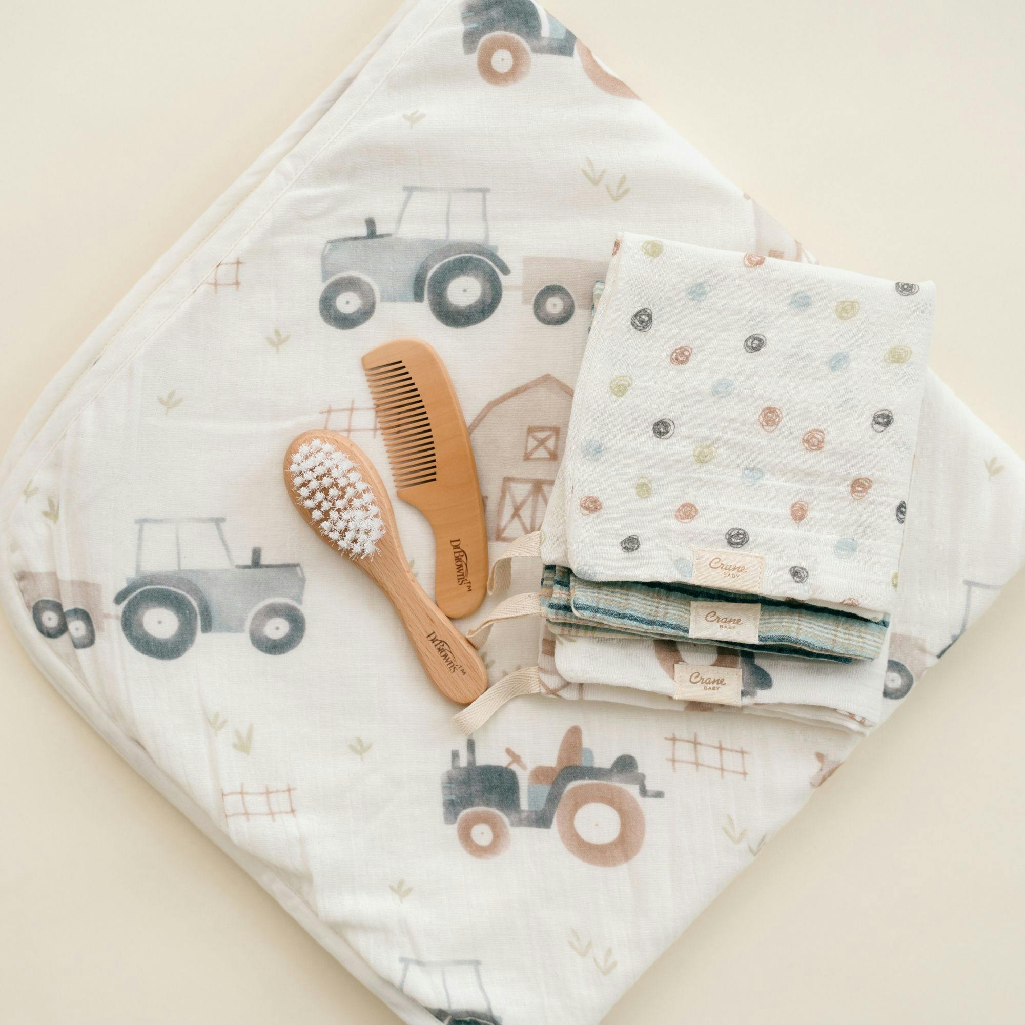 Charlie Farmhouse Tractor Hooded Baby Bath Towel & Washcloth Set