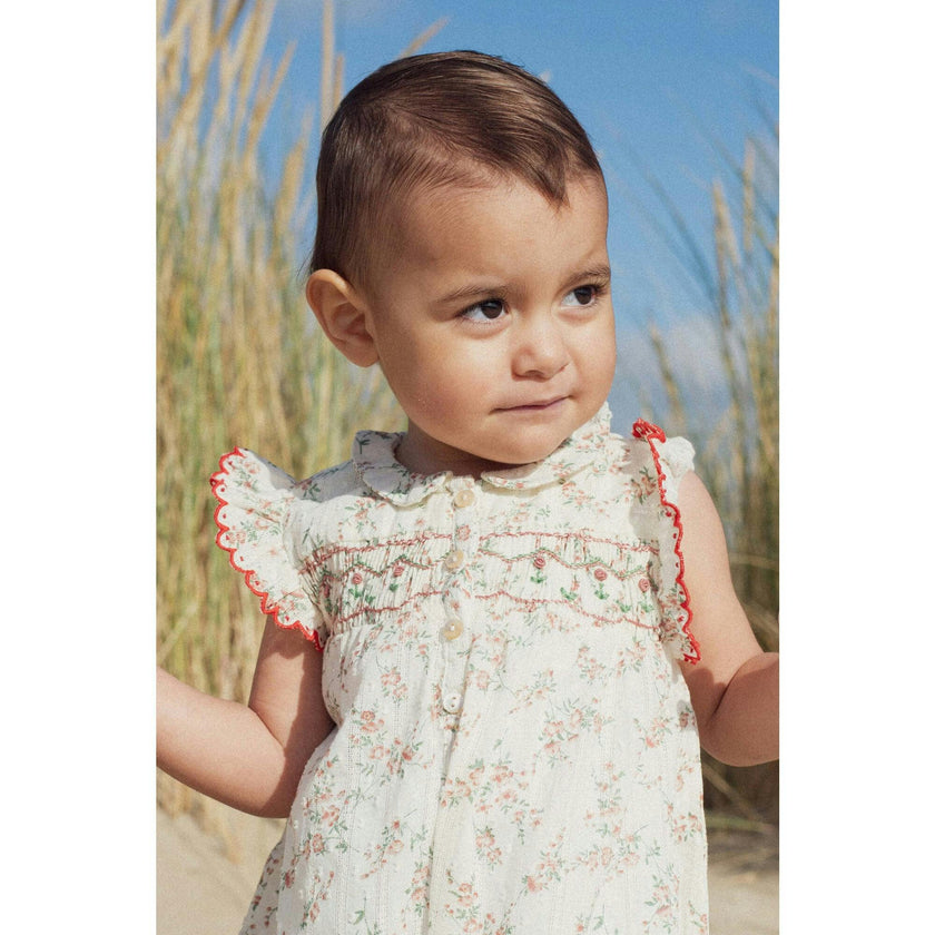 Romper AGATA Hand-Smocked Plumetis Roses Bouquet, Florals