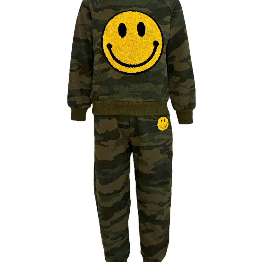 Camo Emoji Smiley Sweatshirt And Pant Track Set
