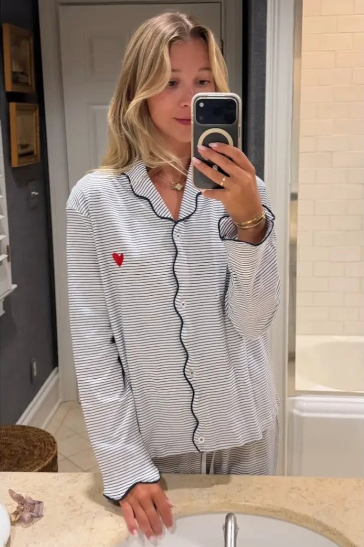 Harbor Heart Stitch Stripe Women's Button Front Long Pajama Set