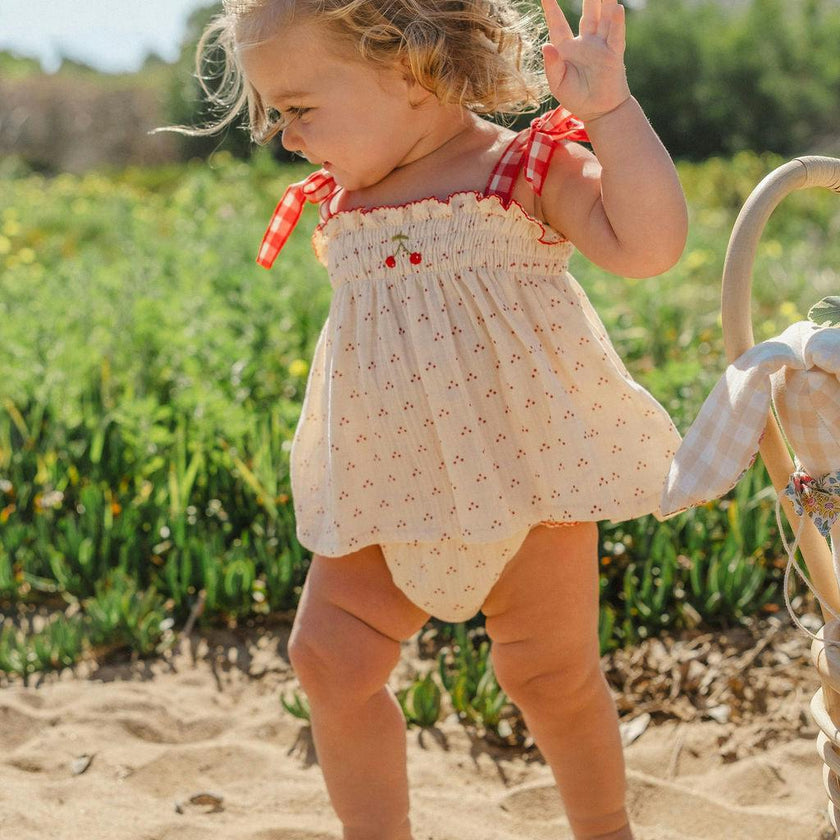 Embroidered Smock Set in Red Dot/Cherry