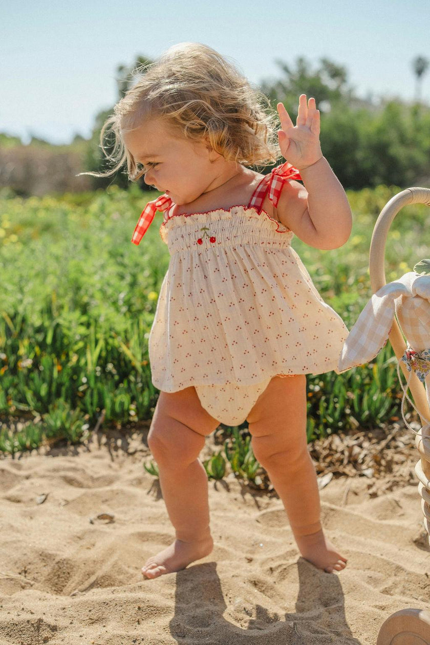 Embroidered Smock Set in Red Dot/Cherry