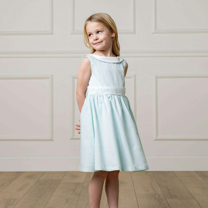 Organic Round Collar Sateen Party Dress with Embroidered Sash