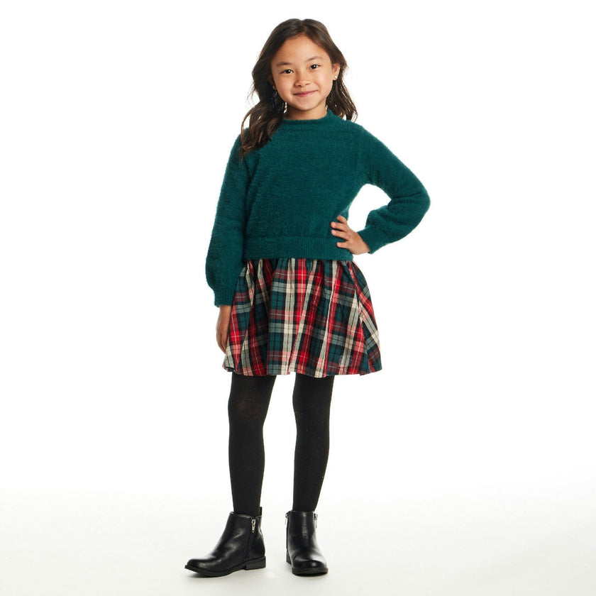 Kids Knit Twofer Dress | Green Plaid