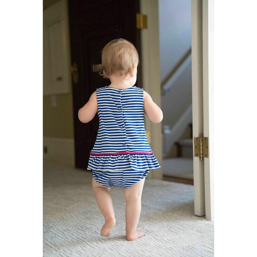 Stripe Knit Romper With Pom Poms & Flowers