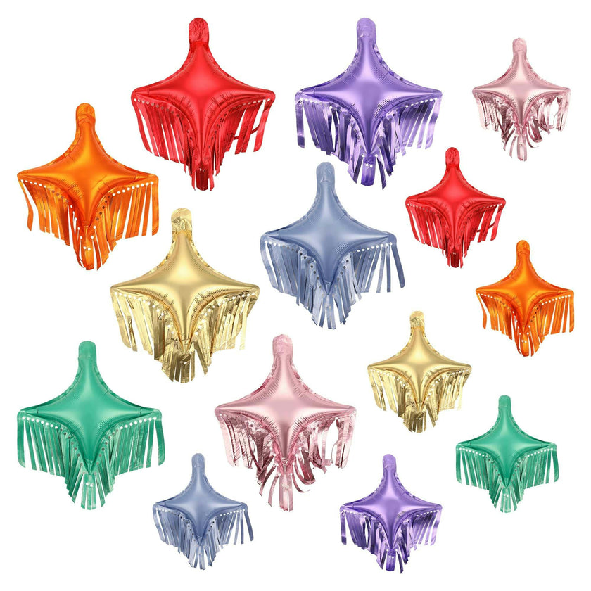 Packed Party Rainbow Fringe Spark Mylar Balloon Pack 14ct - Multicolor Spark-Shaped Balloons with Shiny Fringe Tassels, Large 16x14 and Small 12x10.5 Inch