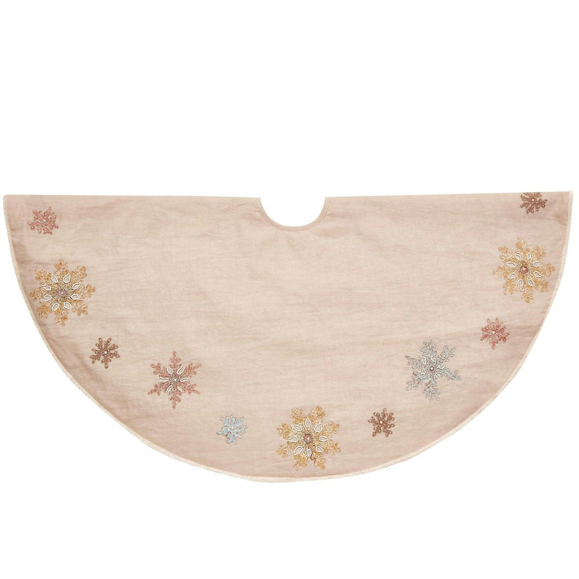 Handmade Pastel Snowflakes Linen Christmas Tree Skirt Natural 60"