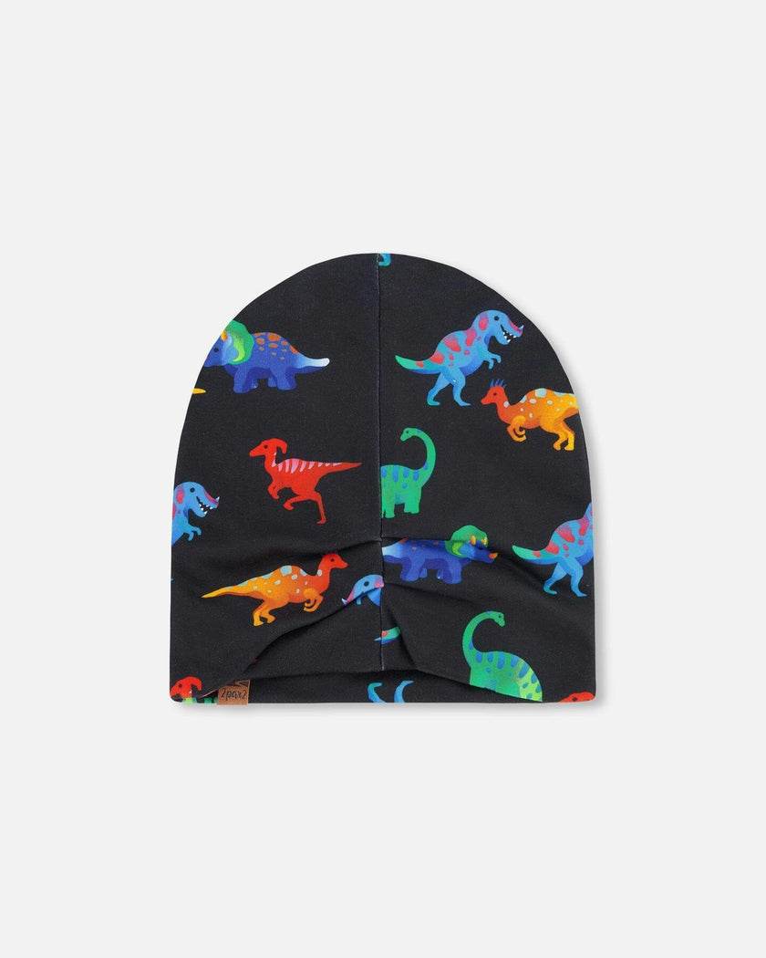 Stretch Jersey Beanie Black Dinosaur Print