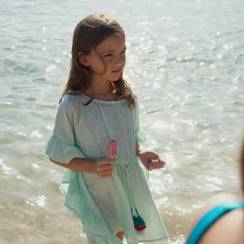 Girl's kaftan with pompoms, aqua | LEA