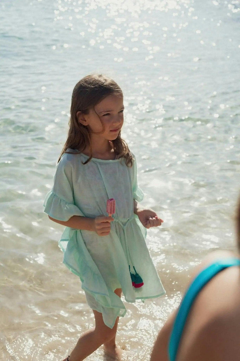 Girl's kaftan with pompoms, aqua | LEA