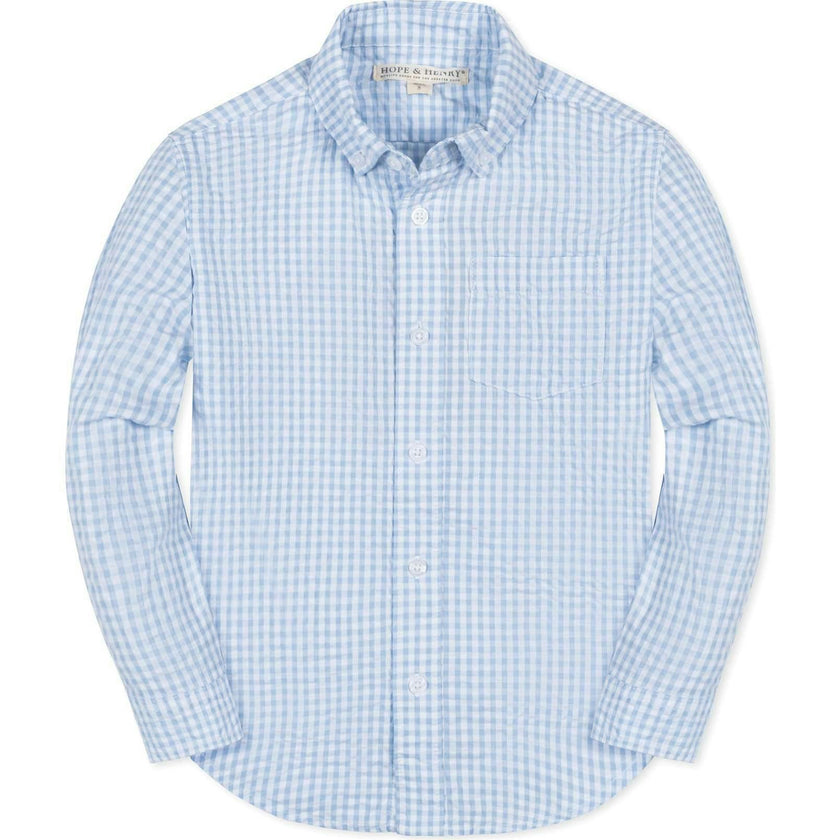 Organic Long Sleeve Seersucker Button Down Shirt, Blue