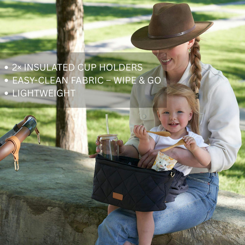 ZICOTO Beautiful Stroller Organizer Bag - Easy to Install Stroller Caddy incl. Cup Holder Attachment - Perfectly Sized Accessories For Any Stroller