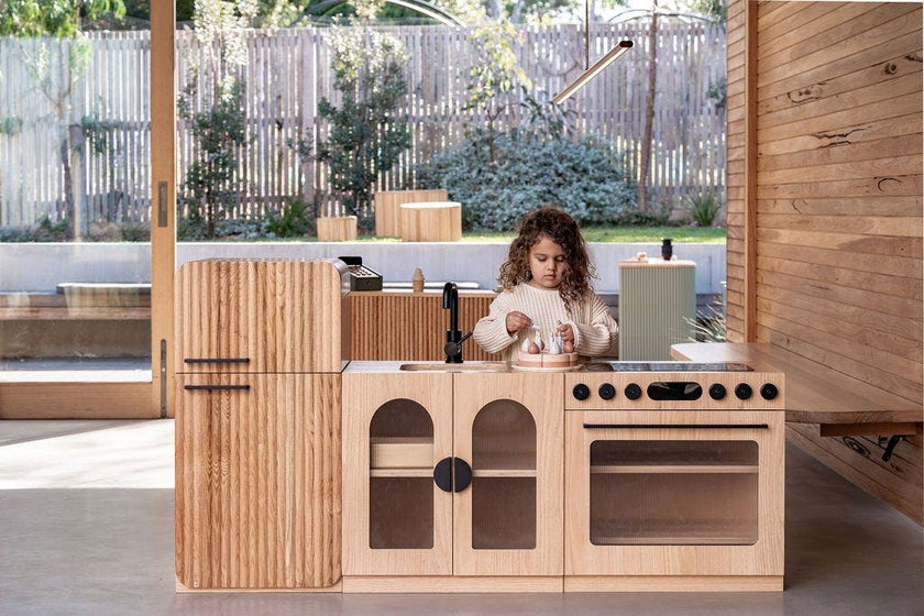 Oak Fluted Play Kitchen Set: Fridge + Sink + Oven