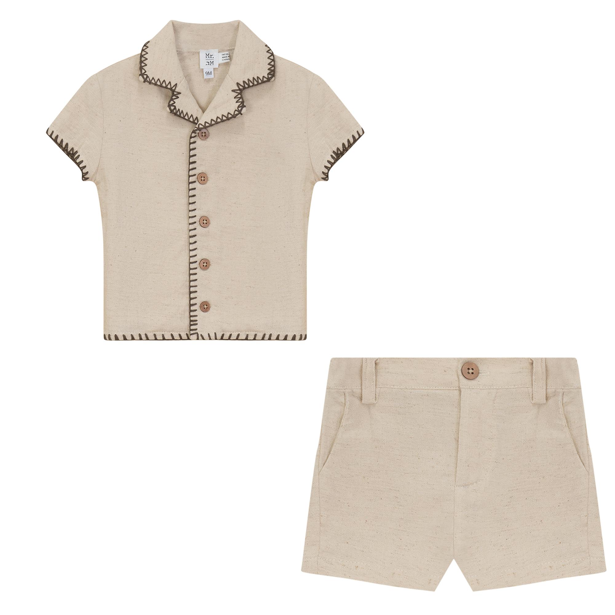 Twill Woven Button Front Elastic Waist Shorts and Shirt Two Piece Set