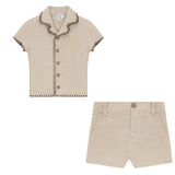 Twill Woven Button Front Elastic Waist Shorts and Shirt Two Piece Set