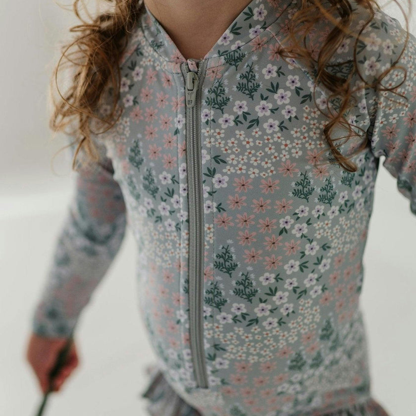 Girls One-Piece Ruffle Rash Guard Swimsuit in Makeup