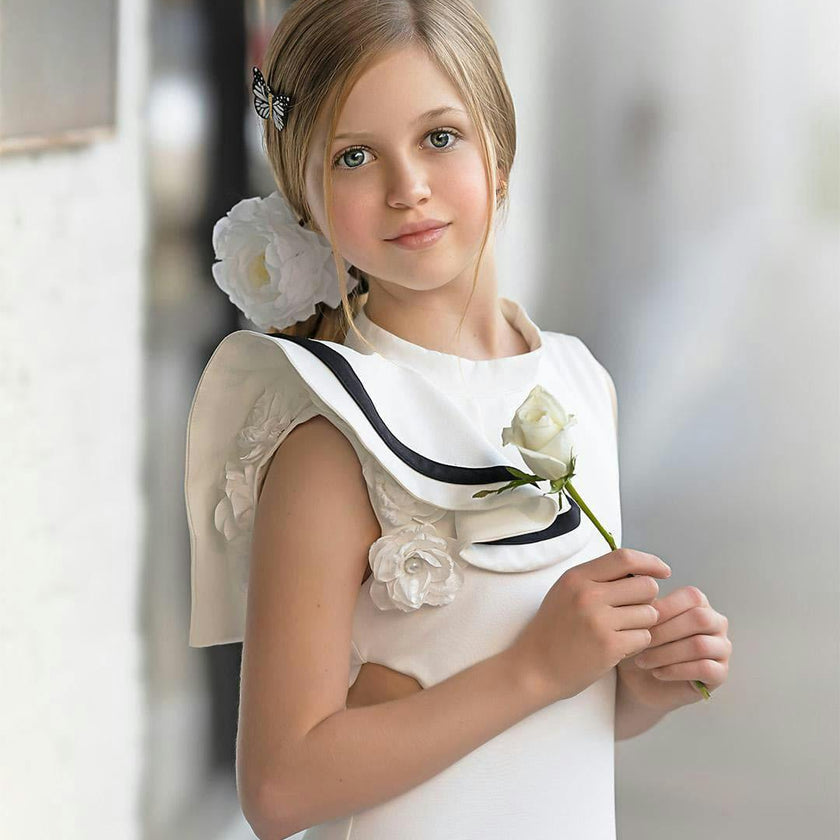 Alex White Ruffle Dress with Black Contrast Line