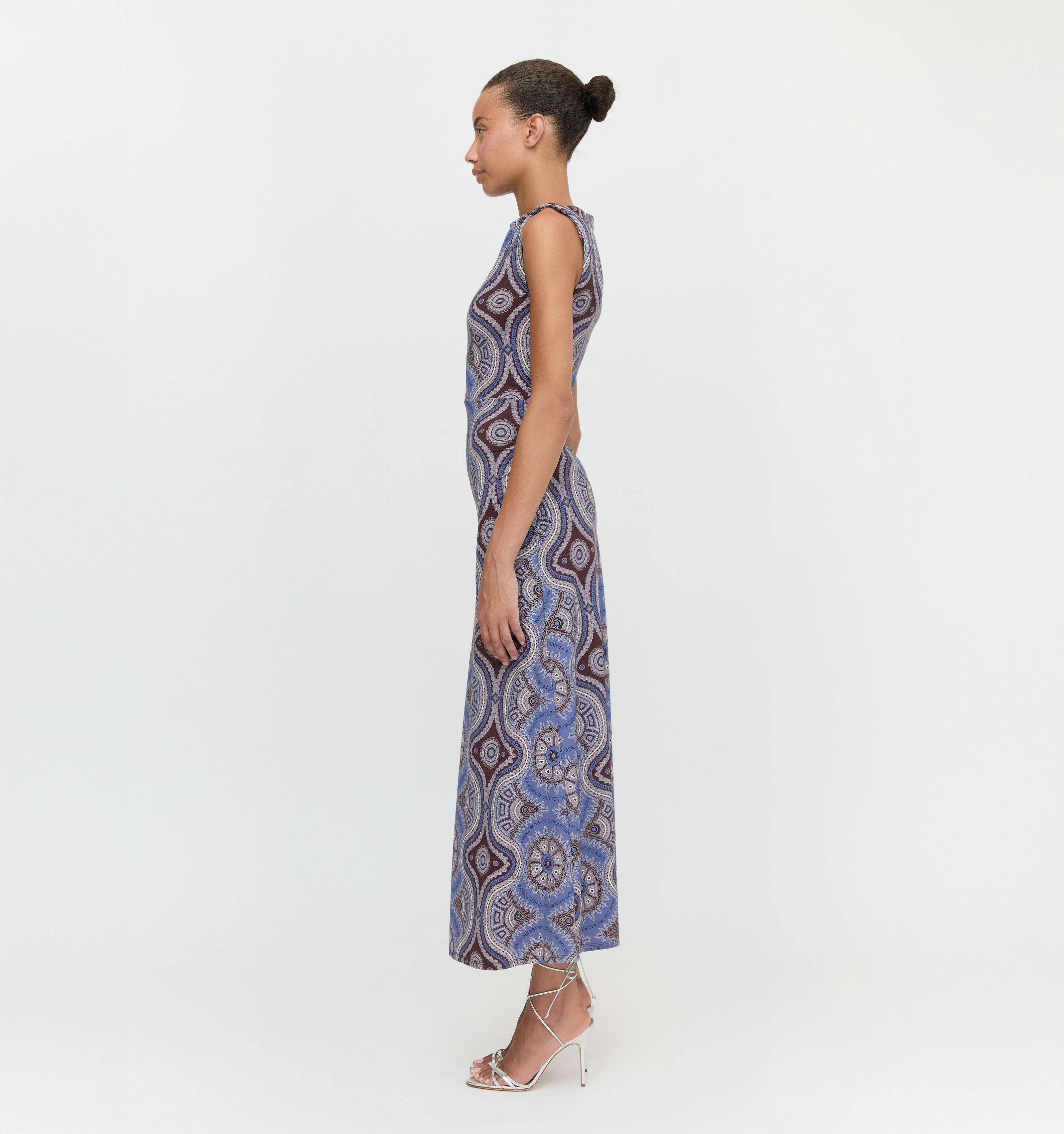 The Sloane Dress - Brown Cobalt Medallion