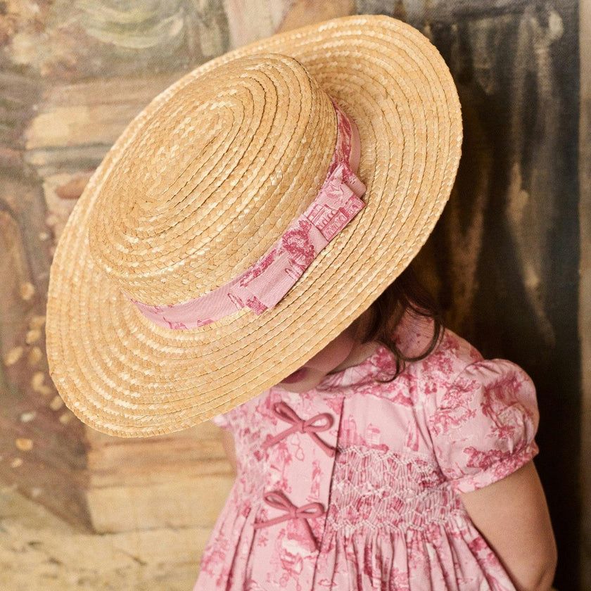Nicky Hilton x La Coqueta Pink Toile de Jouy Portia Girl Straw Hat