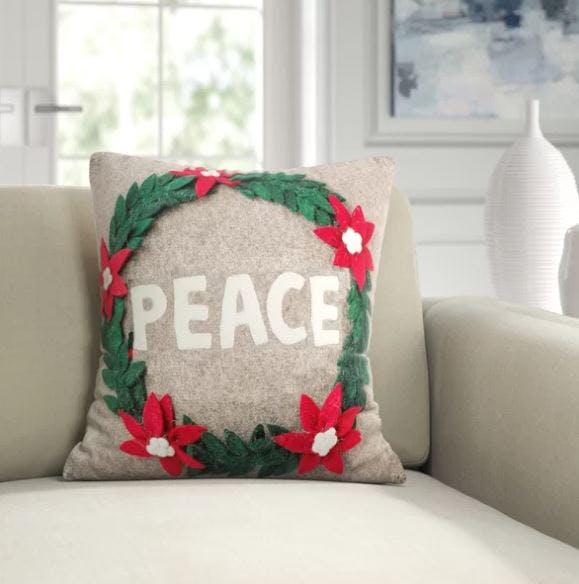 Hand Felted Wool Christmas Pillow - PEACE Wreath Natural Gray - 20"