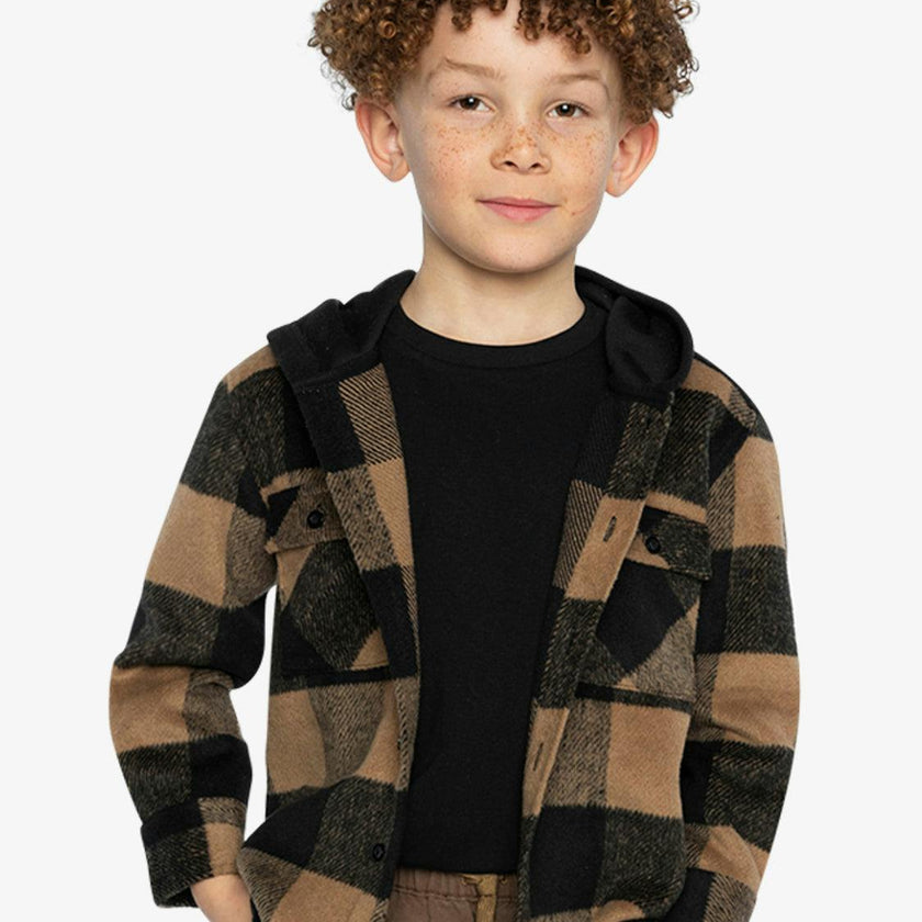 Flannel Shirt with Fleece Hood Brown and Black Plaid