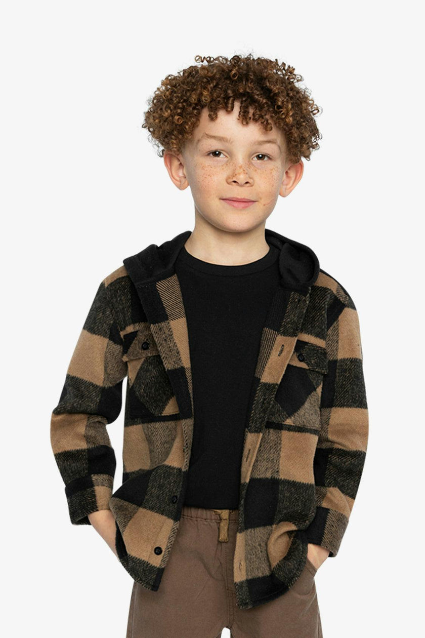 Flannel Shirt with Fleece Hood Brown and Black Plaid