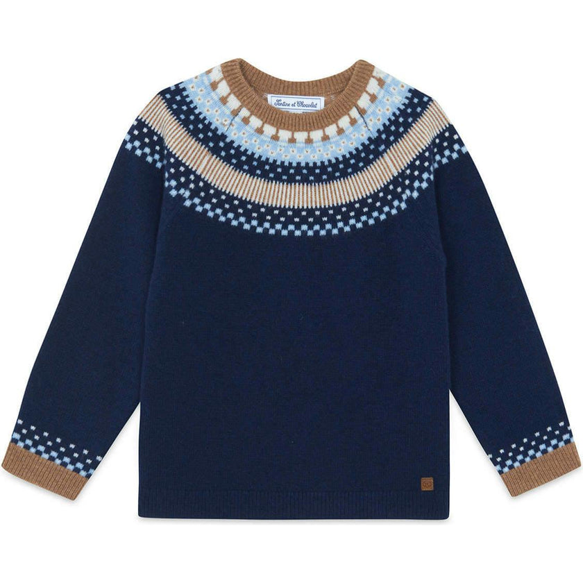 TARTINE ET CHOCOLAT WOOL ROUND NECK SWEATSHIRT - MARINE AND BROWN