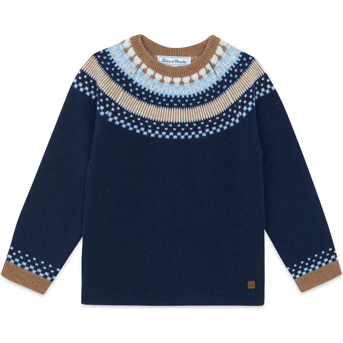 TARTINE ET CHOCOLAT WOOL ROUND NECK SWEATSHIRT - MARINE AND BROWN
