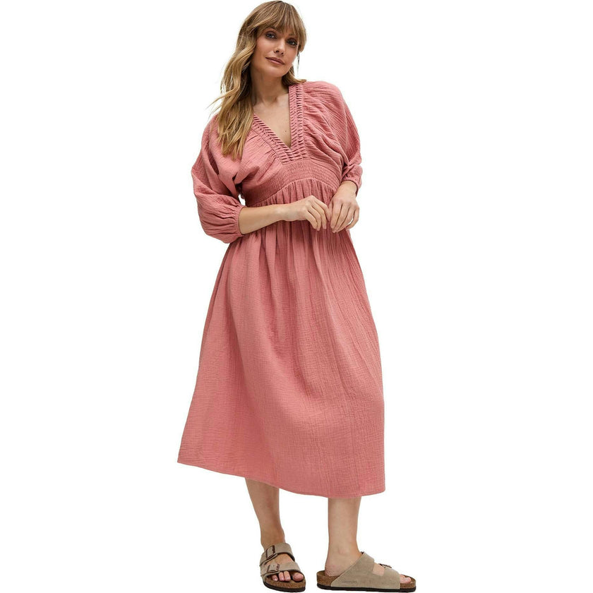 Soipoi Ruched V-Neck Midi Dress