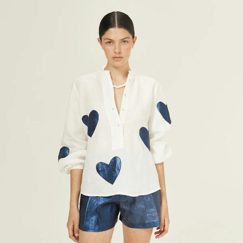 Cupid Linen Shirt - Off-white with Metallic Dark Blue Hearts