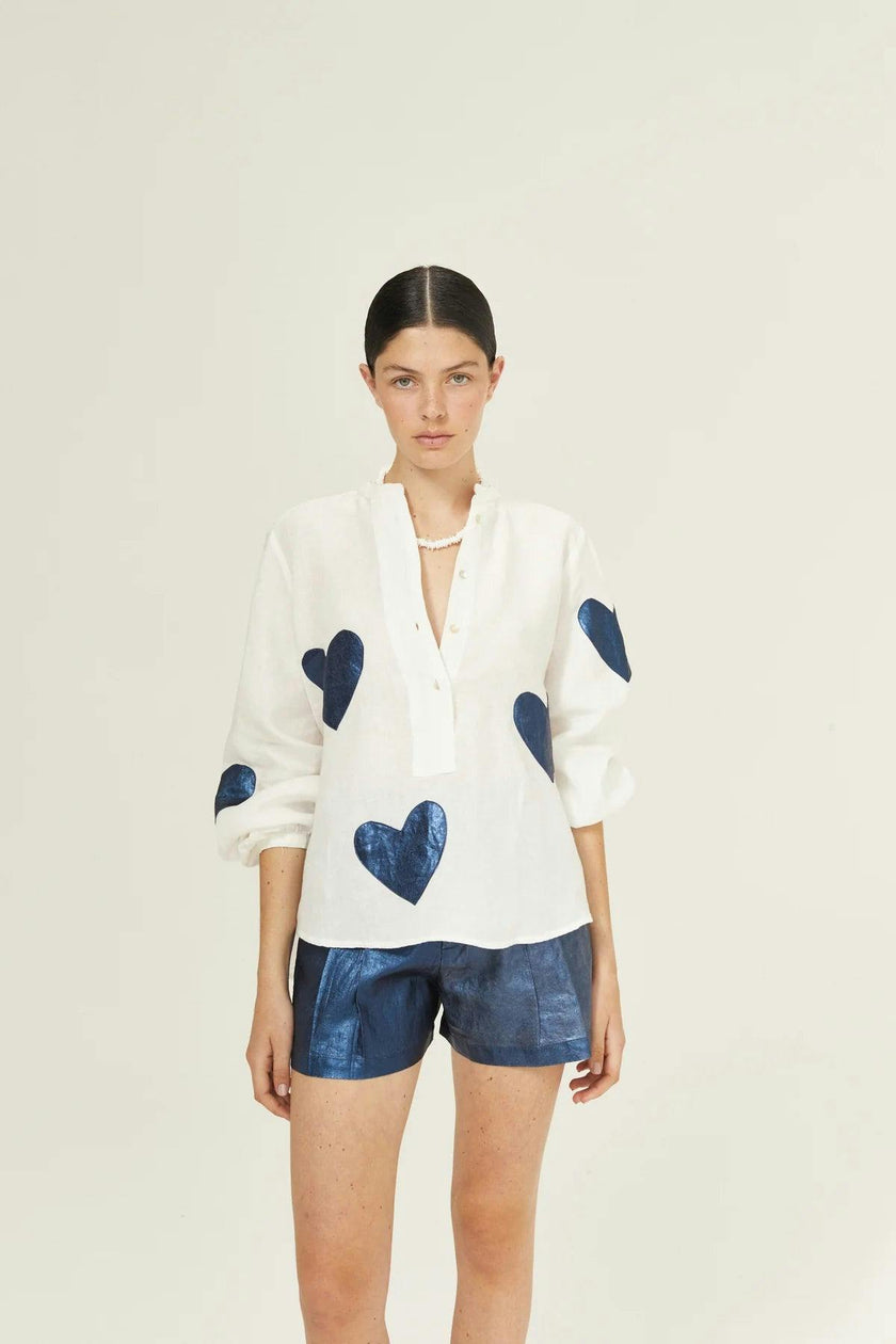 Cupid Linen Shirt - Off-white with Metallic Dark Blue Hearts