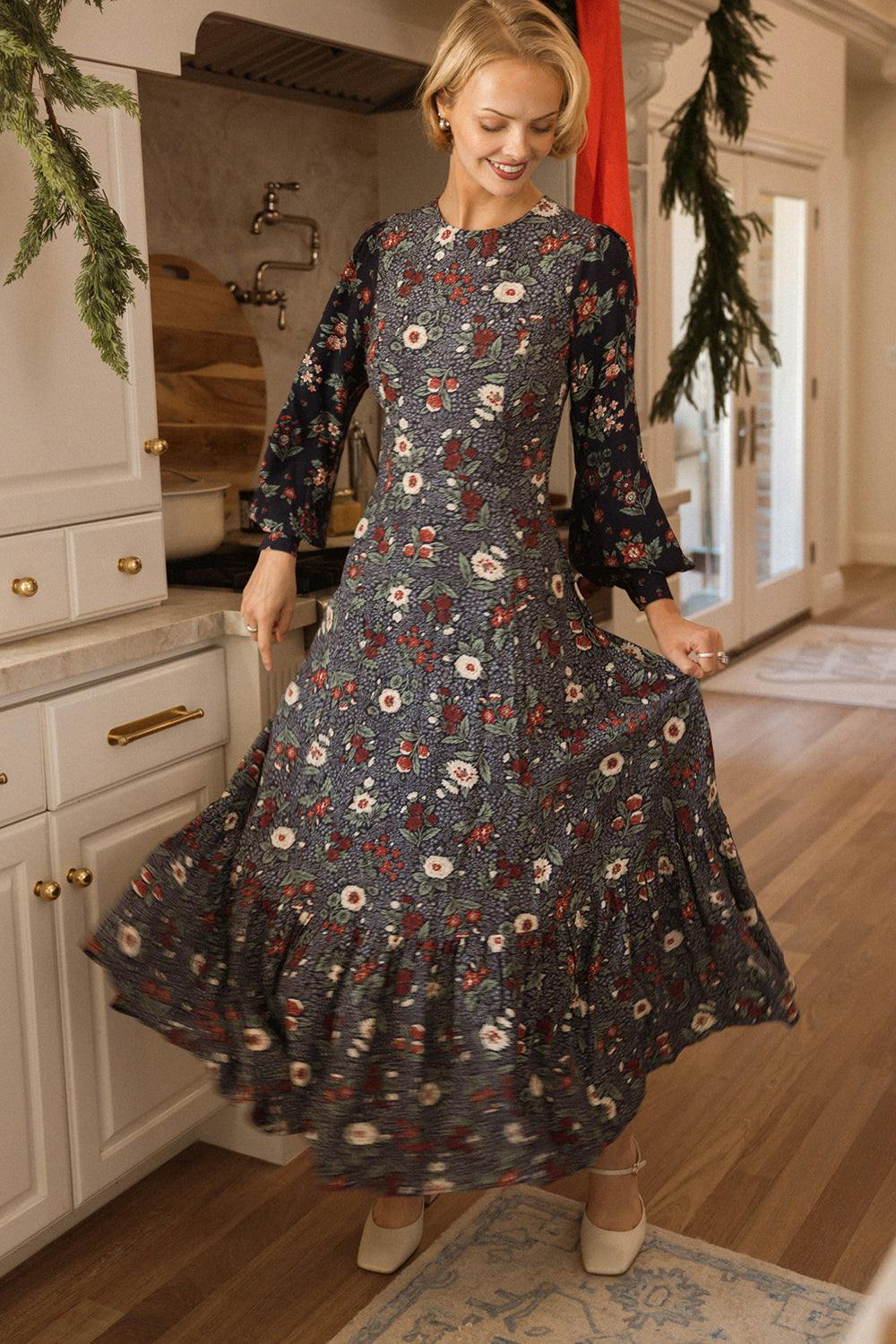 Soleil Dress in Navy Etched Bloom