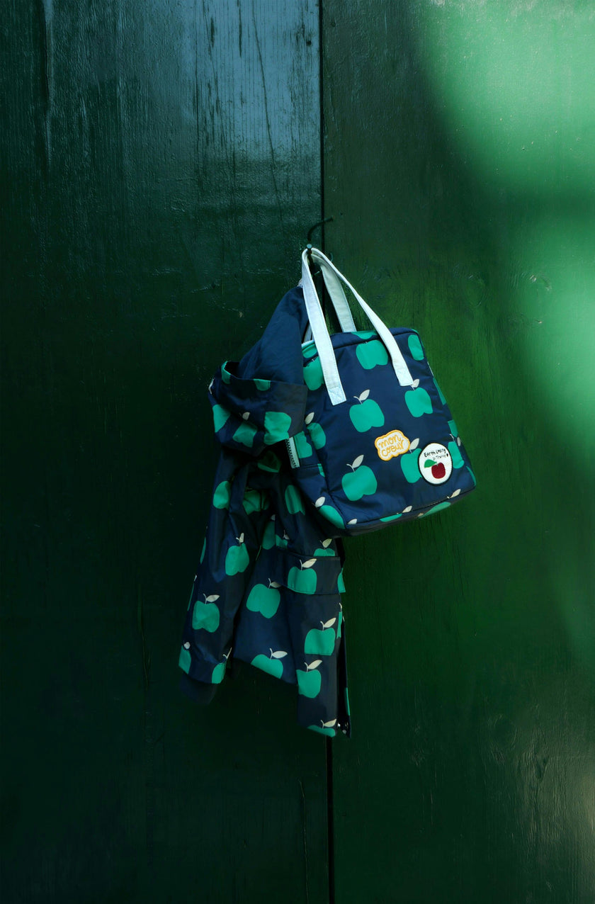 Baby Apple Print Ribbed Cuff Hooded Zipper Raincoat