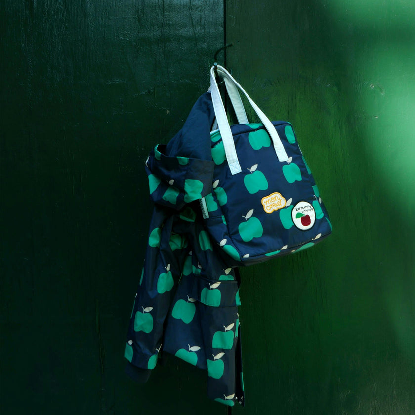 Apple Print Ribbed Cuff Hooded Zipper Raincoat, Blue