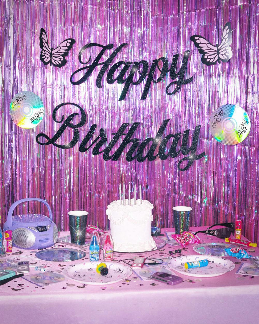 Y2K Birthday Banner - black glitter banner