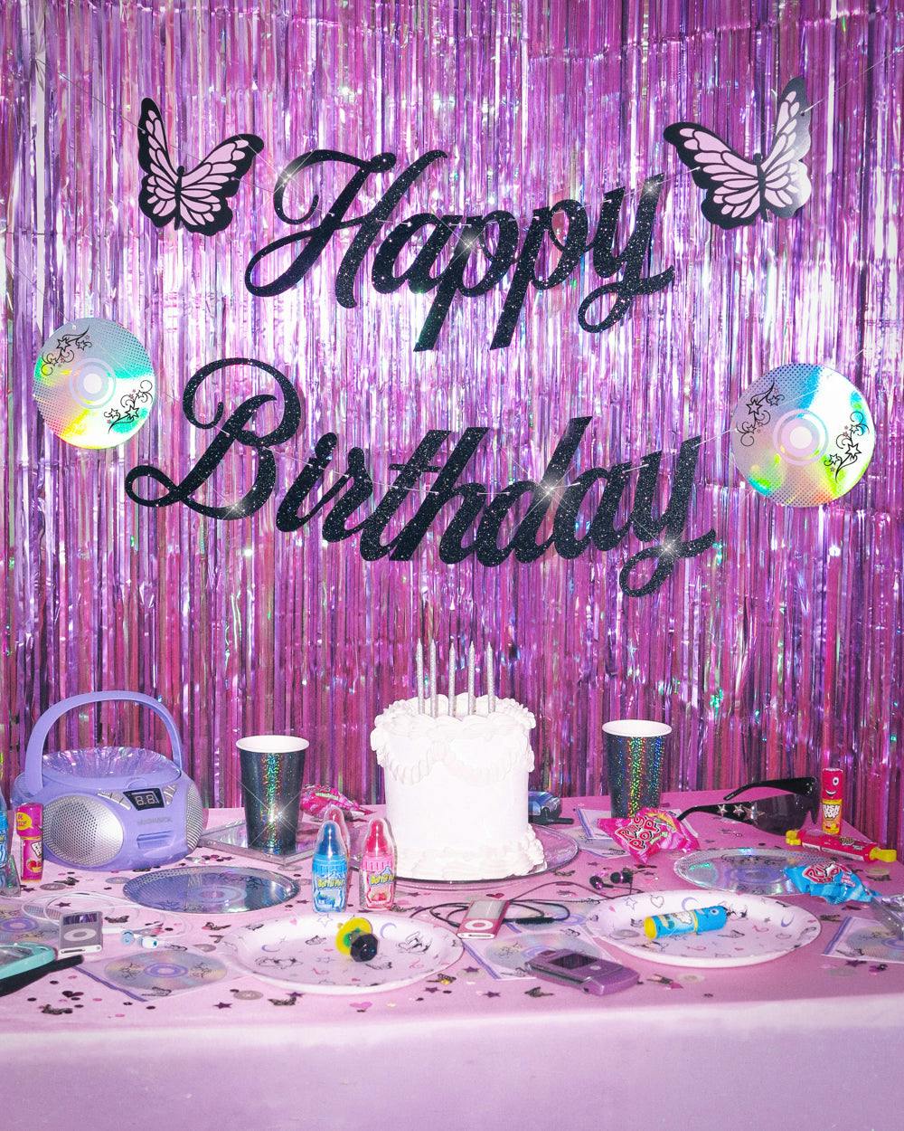 Y2K Birthday Banner - black glitter banner
