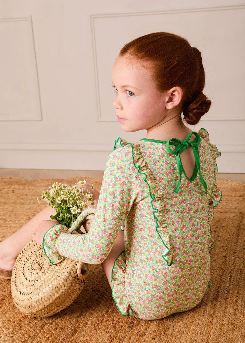 Annie Apple Print Ruffle Detail Long Sleeve Swimsuit in Green (12mths- 10yrs)