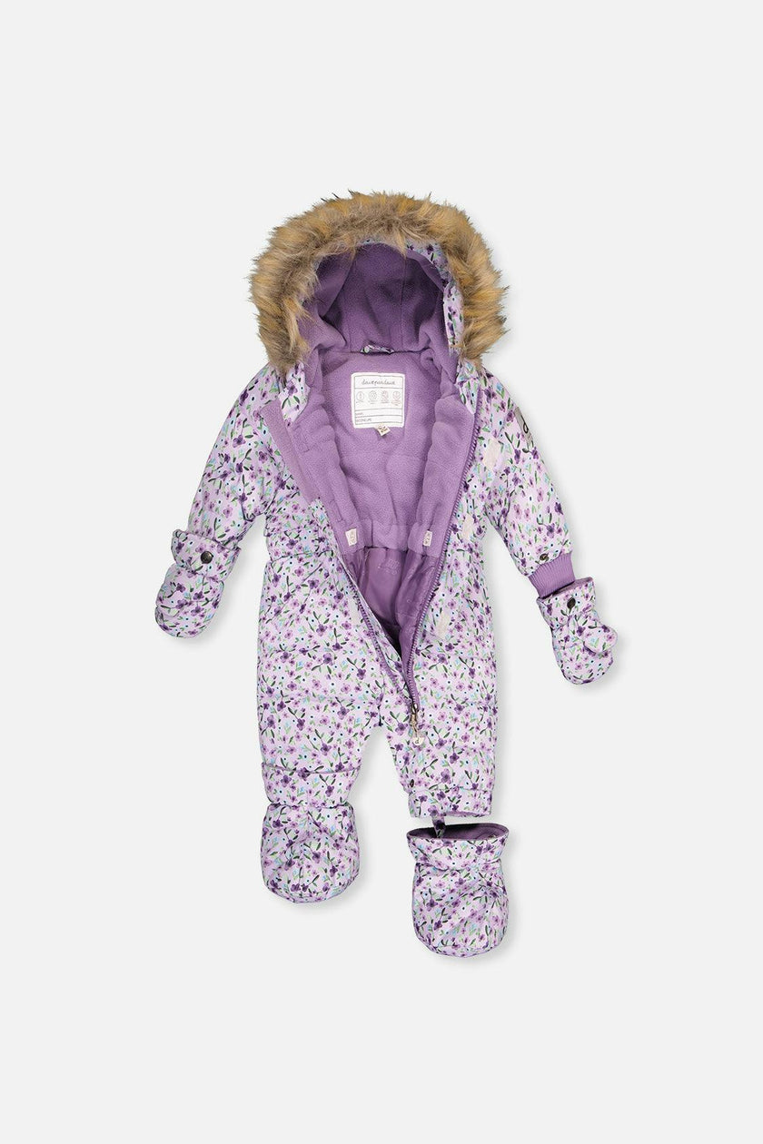 Baby Original One Piece Puffy Snowsuit With Removable Mittens And Boots Purple Printed Mini Flowers