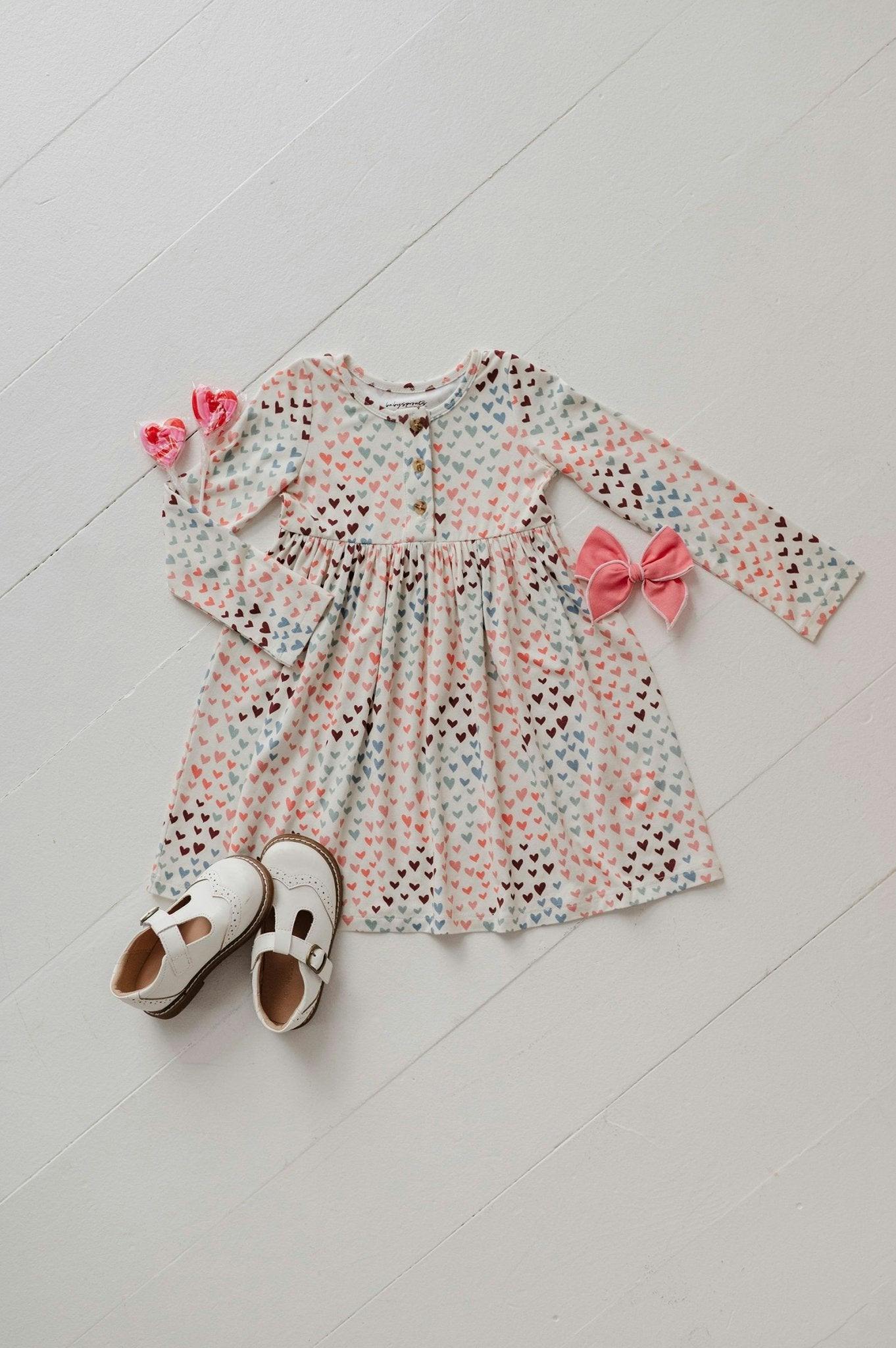 Girls Long Sleeve Henley Dress in Rainbow Hearts