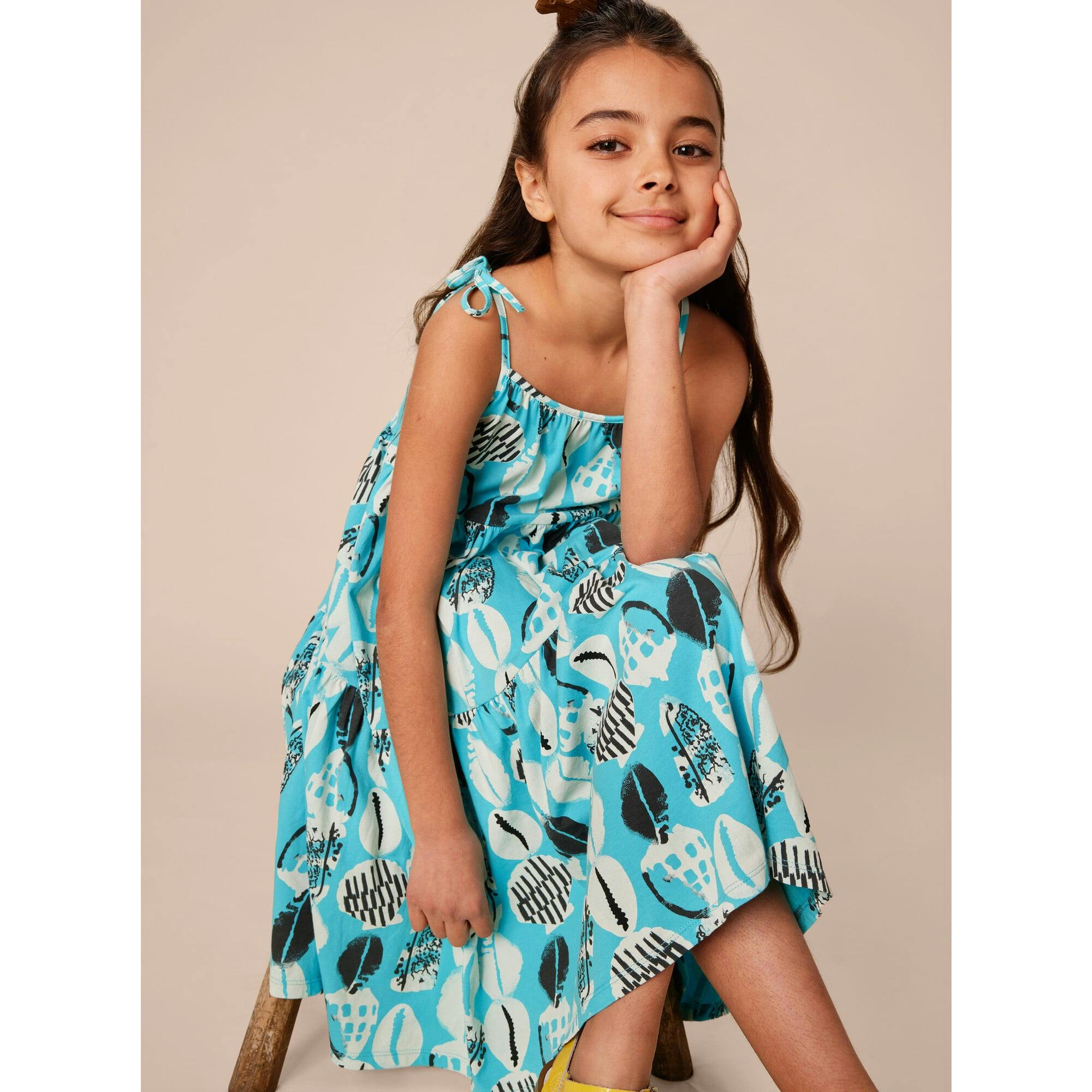 Tie Shoulder Tiered Dress, Blue