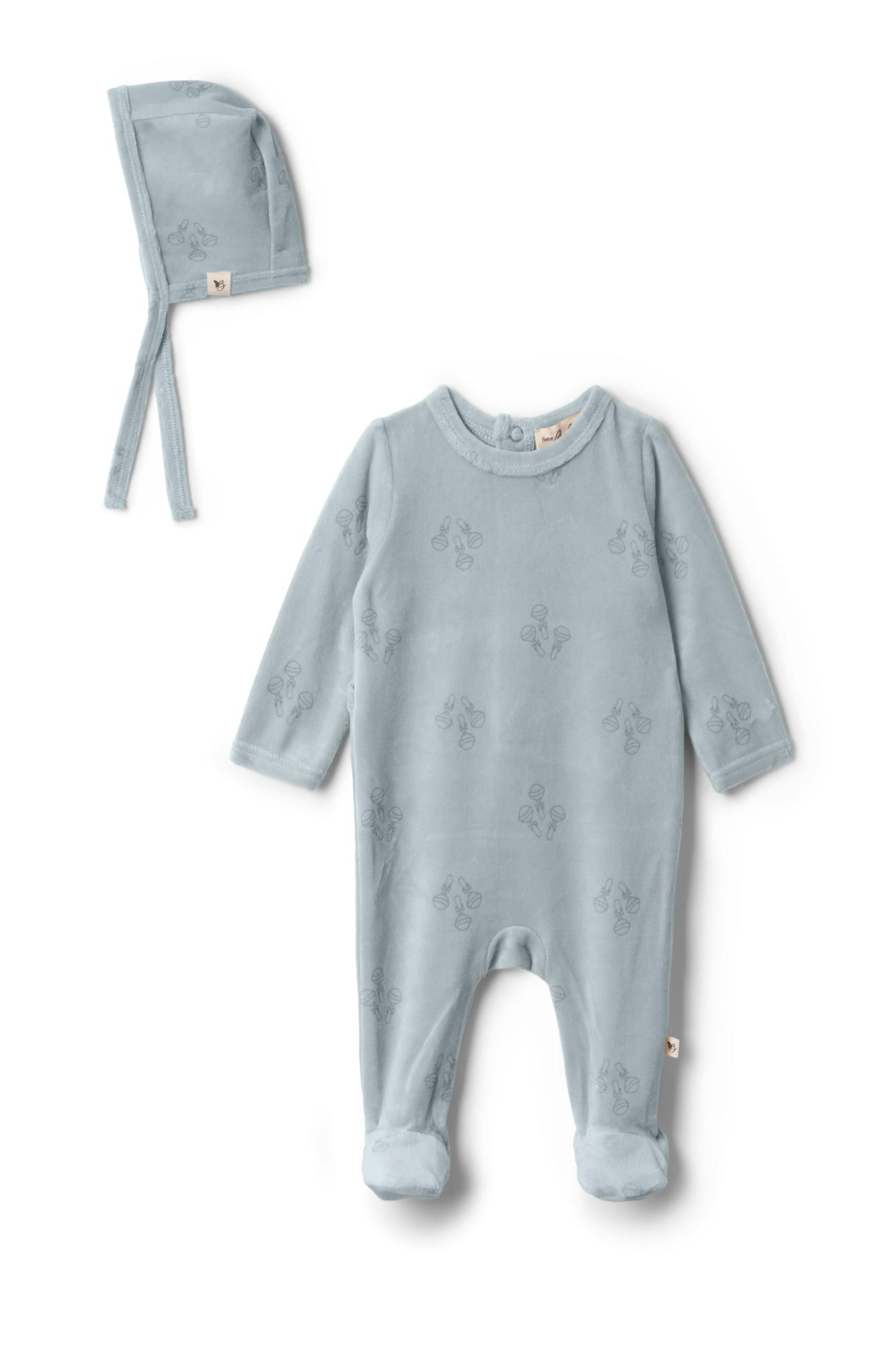 Rattle Print Snap Front Velour Romper and Bonnet Two Piece Set