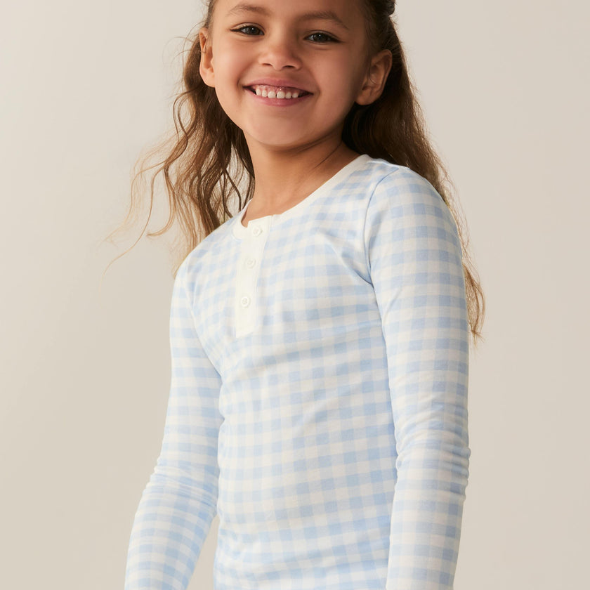 Kid's Pima Snug Fit Pajama Set in Light Blue Gingham