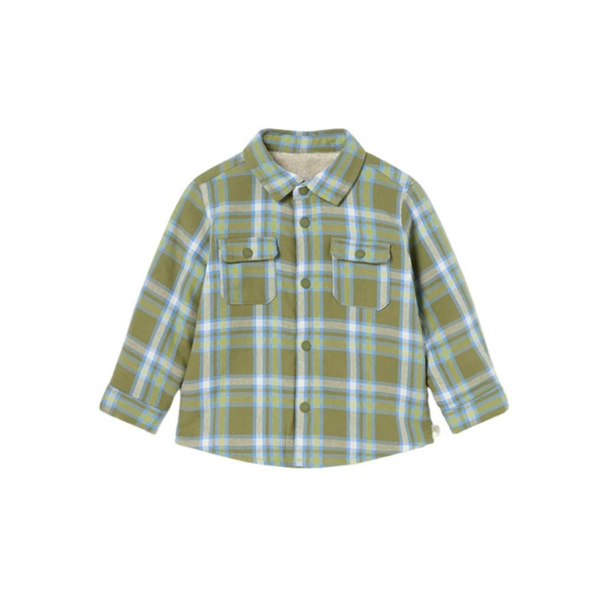 Green Plaid Shirt With Staples and Fur Lining