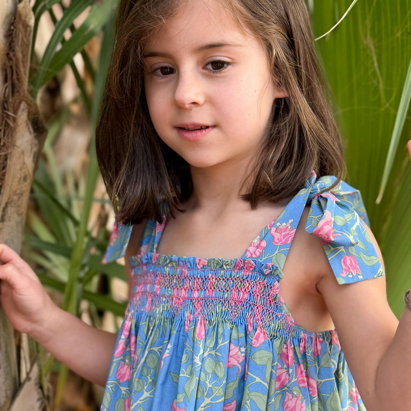 Loblolly Dress in Blue with Pink Bougainvillea