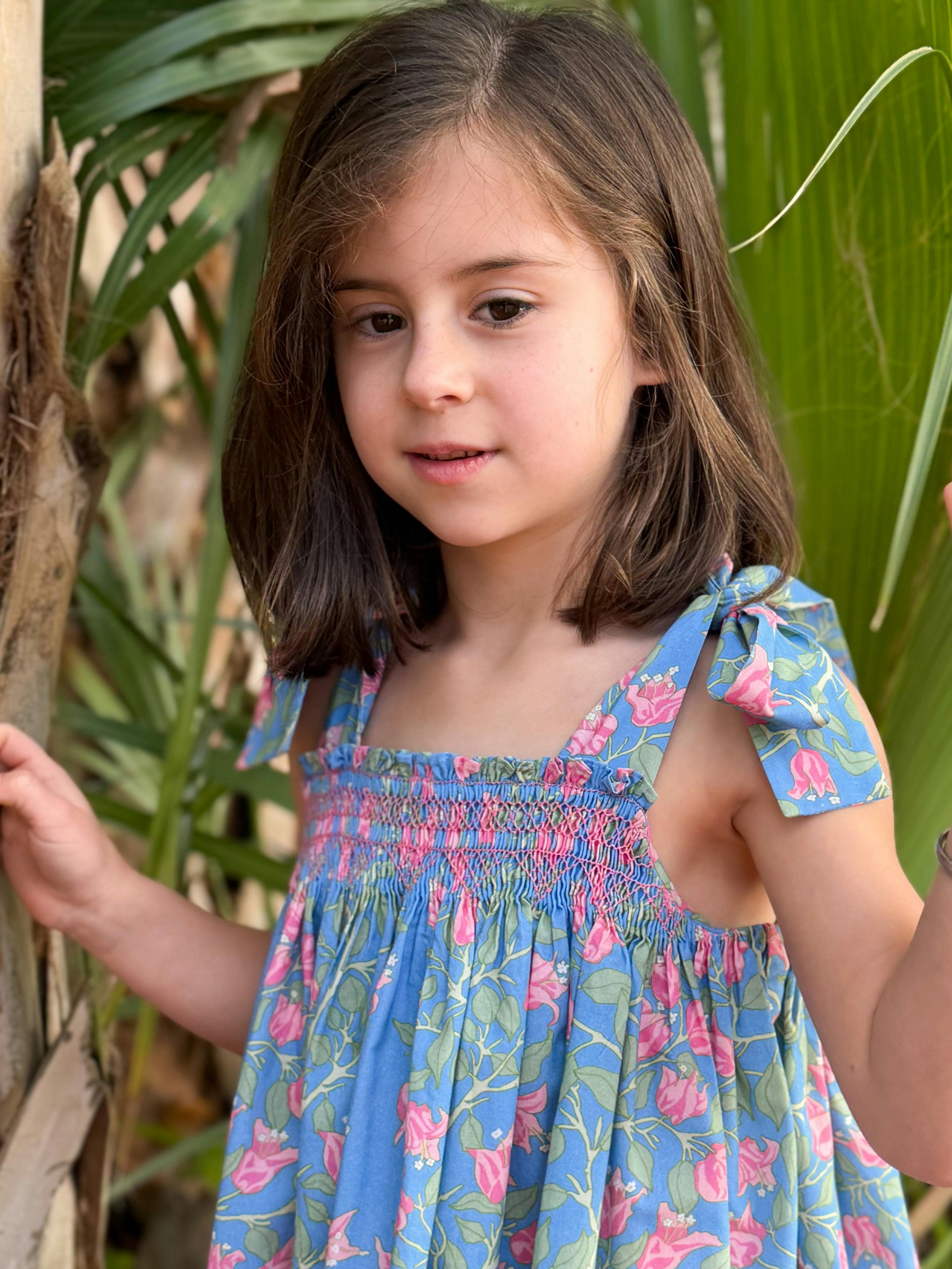 Loblolly Dress in Blue with Pink Bougainvillea