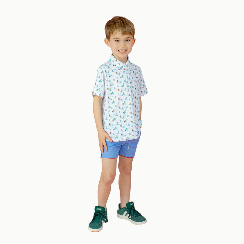 Boys' Drawstring Shorts in Blue w/Red Trim