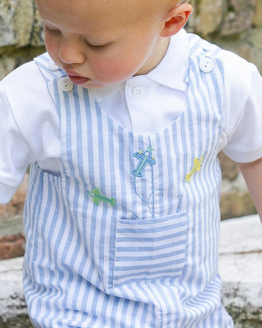 Stripe Linen-Look Shortall With Airplanes