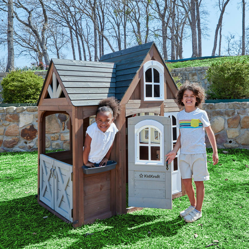 Timberwood Wooden Outdoor Playhouse With Kitchen And Barn Doors